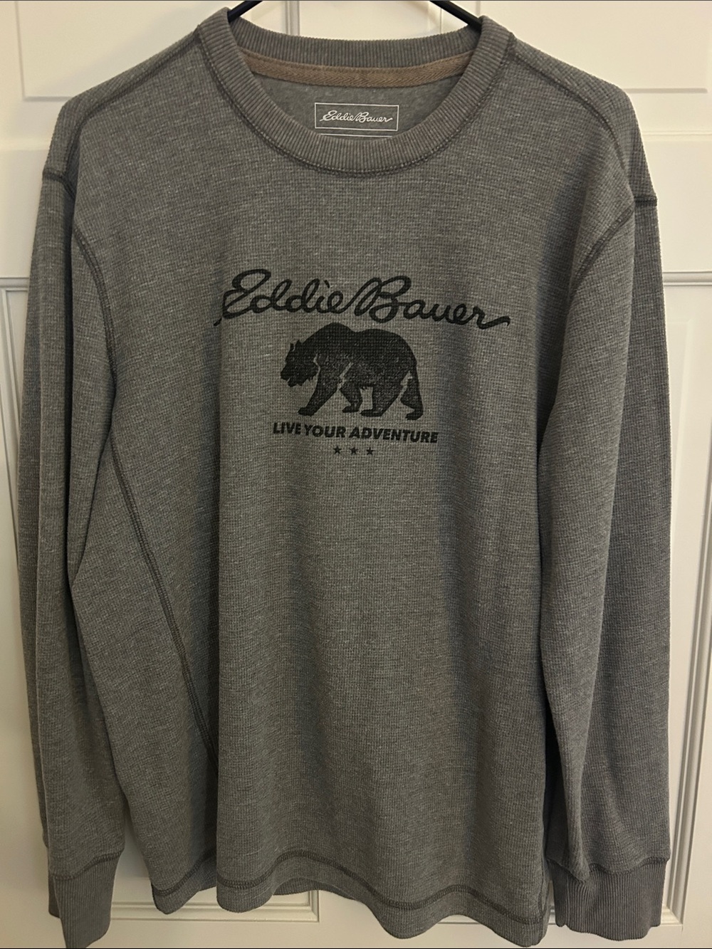 Eddie Bauer Gray Waffle Thermal Crewneck with Black Bear Logo